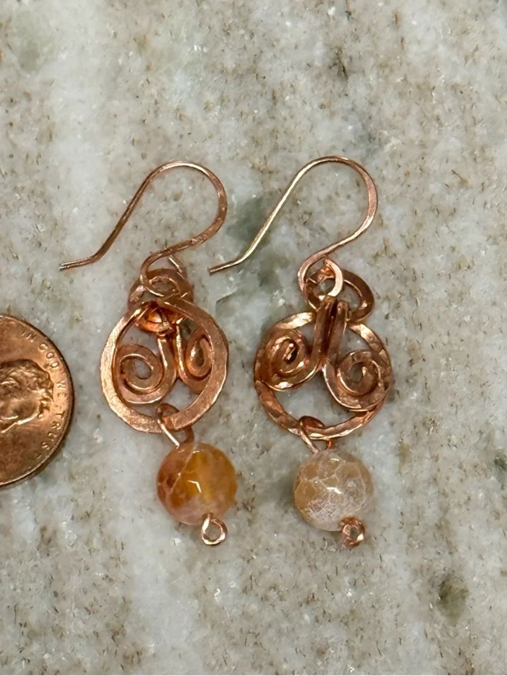 Fire Agate Hammered Copper Dangle Earrings